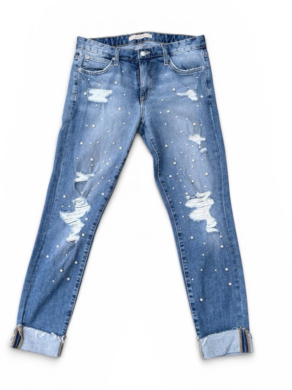 Pearl Adorned Distressed Skinny Jeans with Rolled Cuff